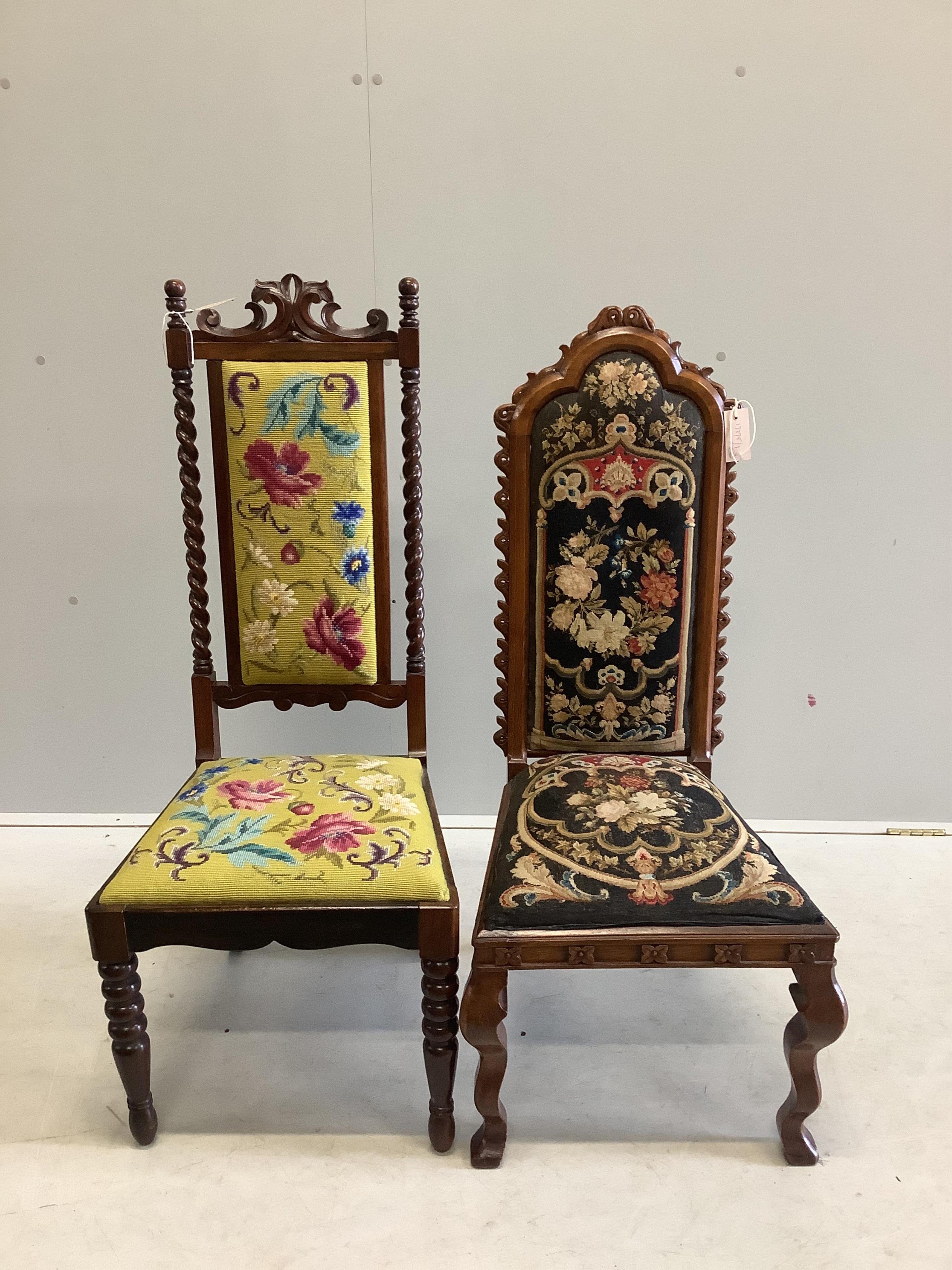 A Victorian Gothic style carved walnut frame hall chair and a similar rosewood frame chair, larger width height 104cm. Condition - fair